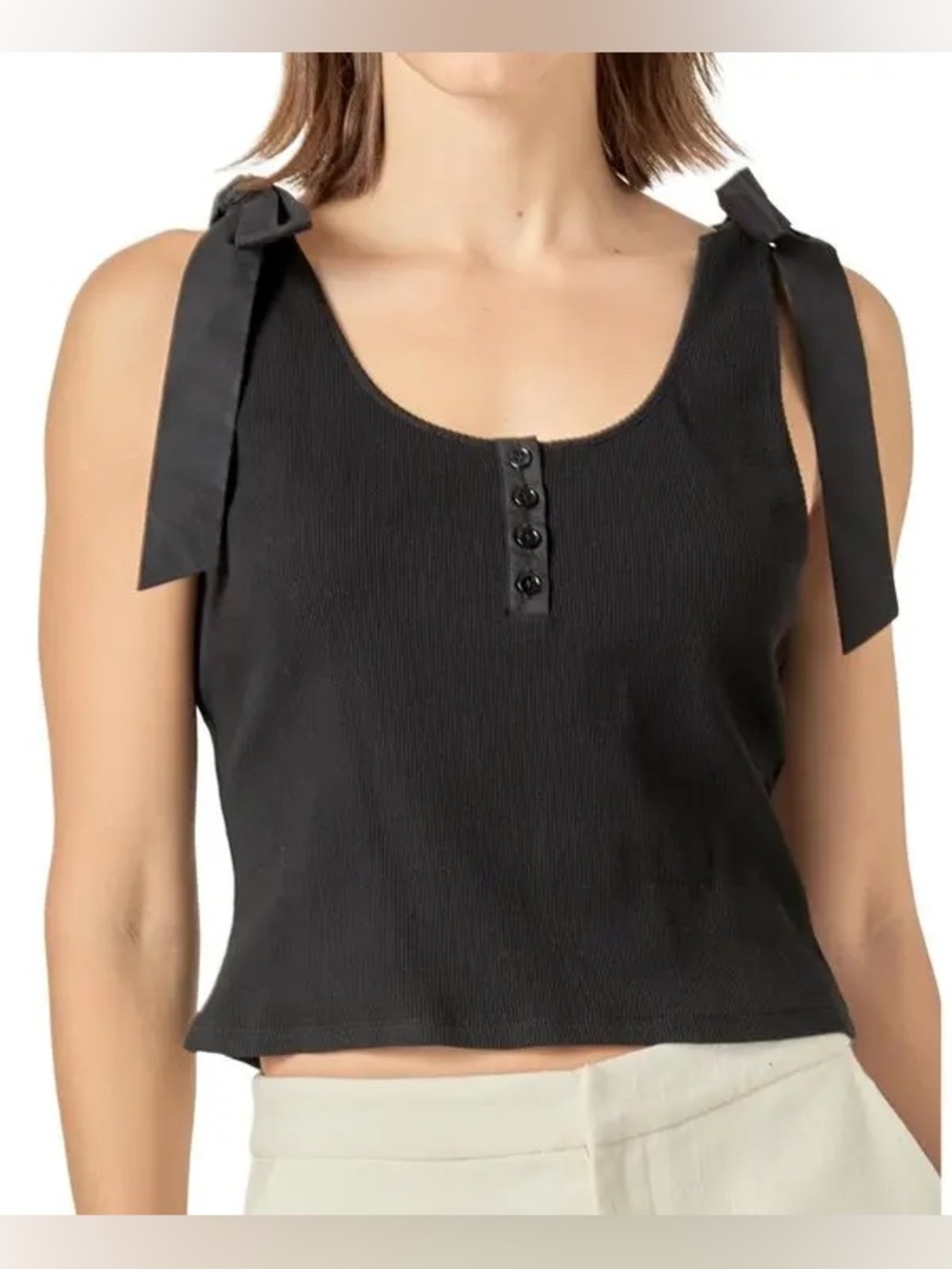English Factory Black Mixed Media Bow Tie Ribbed Henley! Size Small.